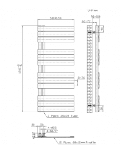 1200x500 – 593 Watt | handdoekradiator zwart | links aansluiting/comb