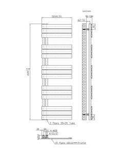 1600x500 – 755 Watt | handdoekradiator zwart | links aansluiting/comb