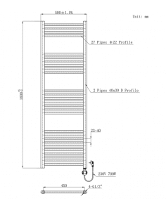 1600x500 – 1000 Watt | elektrische handdoekradiator mat zwart