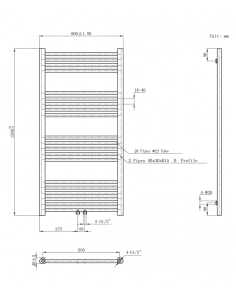 1200x600 414 watt | handdoekradiator gunmetal grijs midden aansluiting