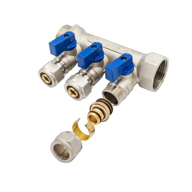 Verdeler met bolkraan mv-1" 3x16 blauw