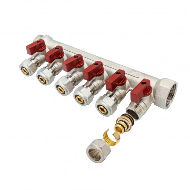Verdeler met bolkraan mv-1" 6x16 rood